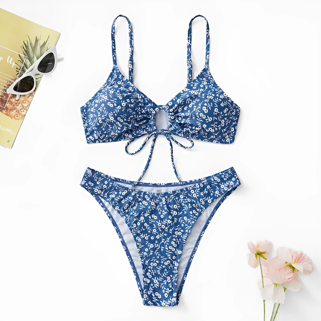 Blue polyester swimsuit three-piece set with top and shorts for swimming