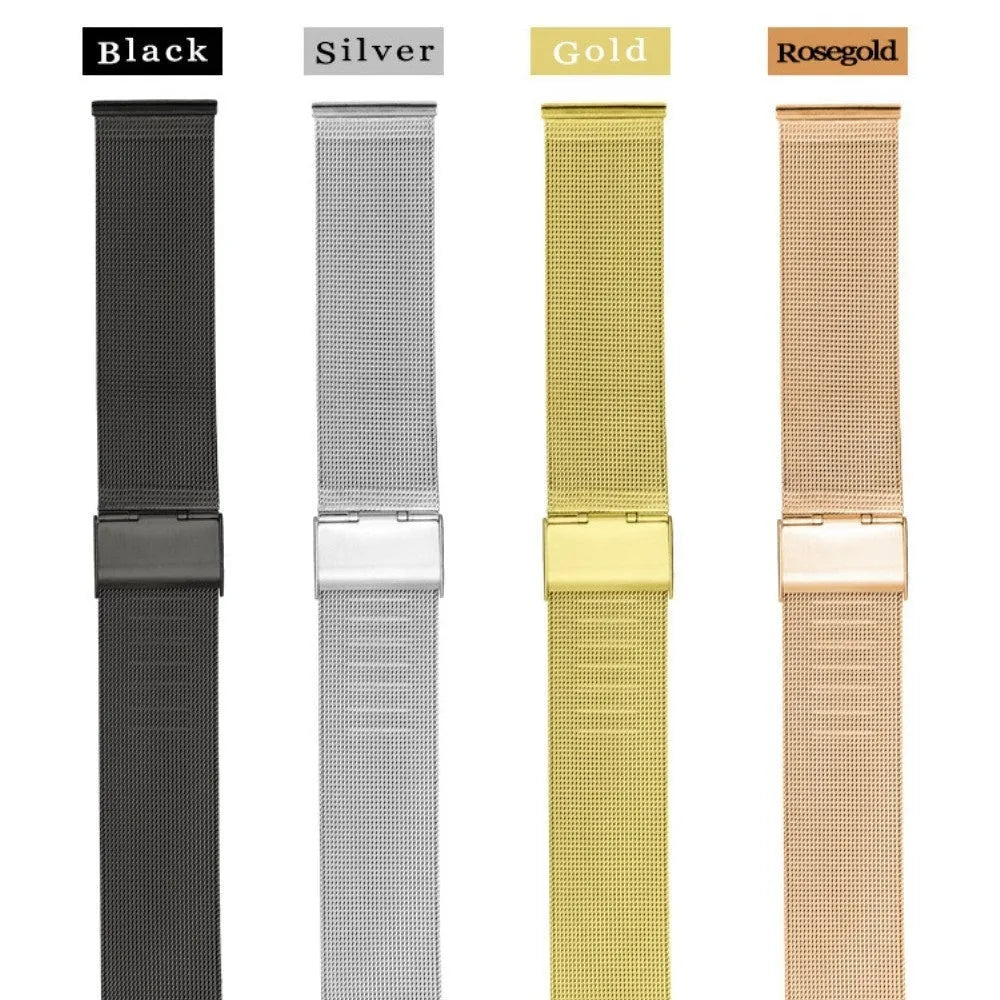 Milani silk woven stainless steel watch band replacement strap with metal clasp in silver, black, rose gold, and gold.