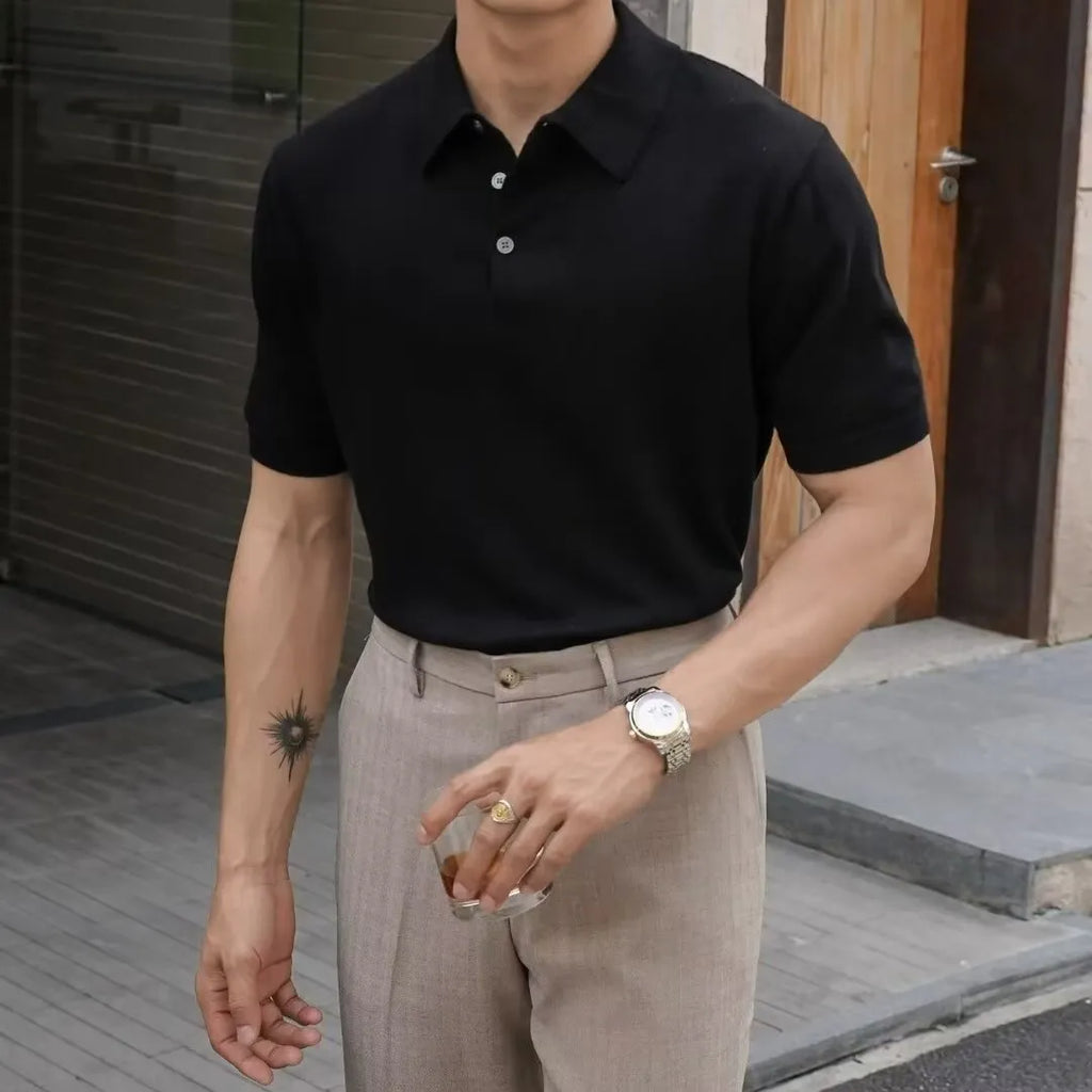 Men's knitted polo collar short sleeve shirt in Ice Silk cotton blend summer top