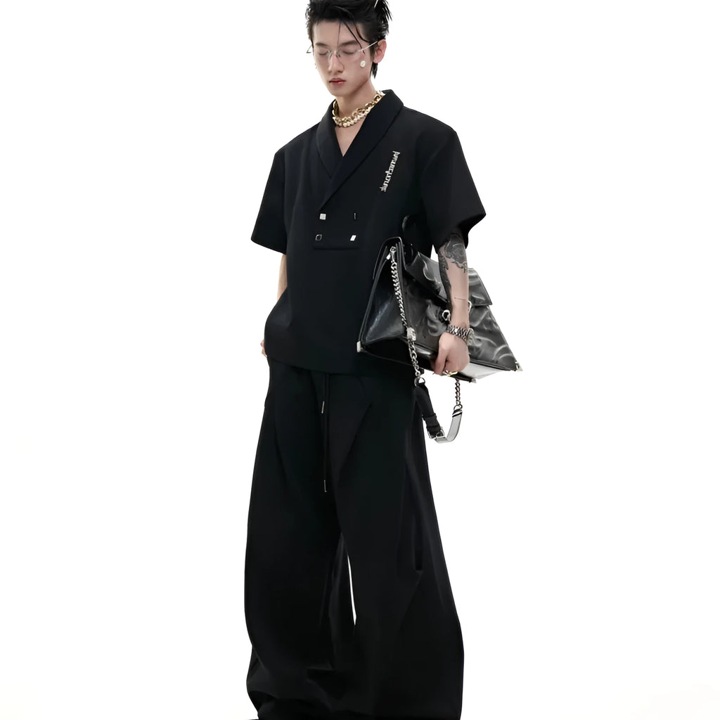 Men's dark grey metal embellished cotton sports suit with padded shoulder jacket and matching shorts