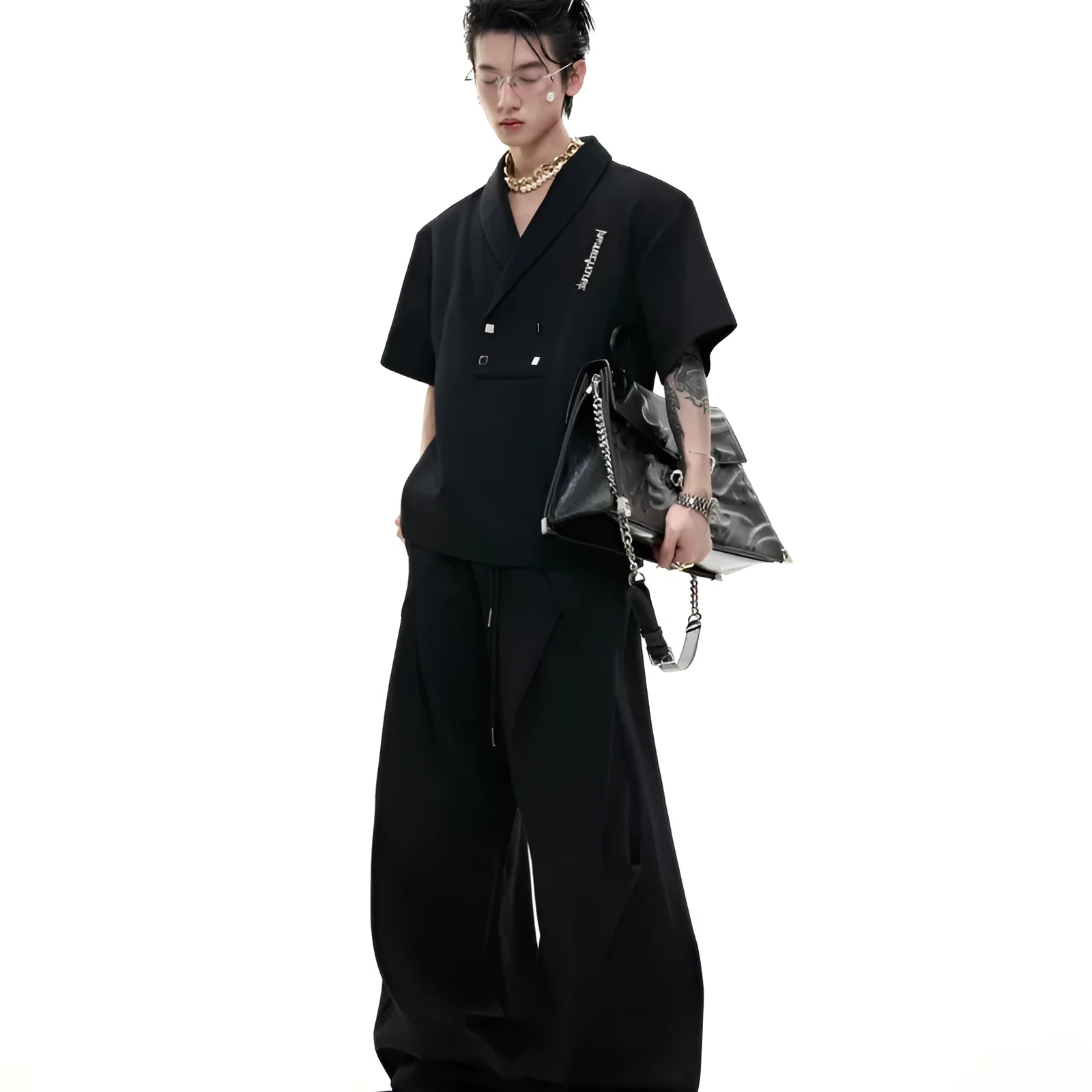 Men's dark grey metal embellished cotton sports suit with padded shoulder jacket and matching shorts