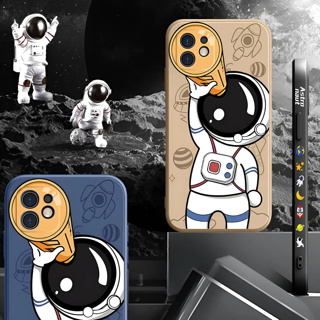 Silicone iPhone case with painted cartoon astronaut and starry sky planet design.