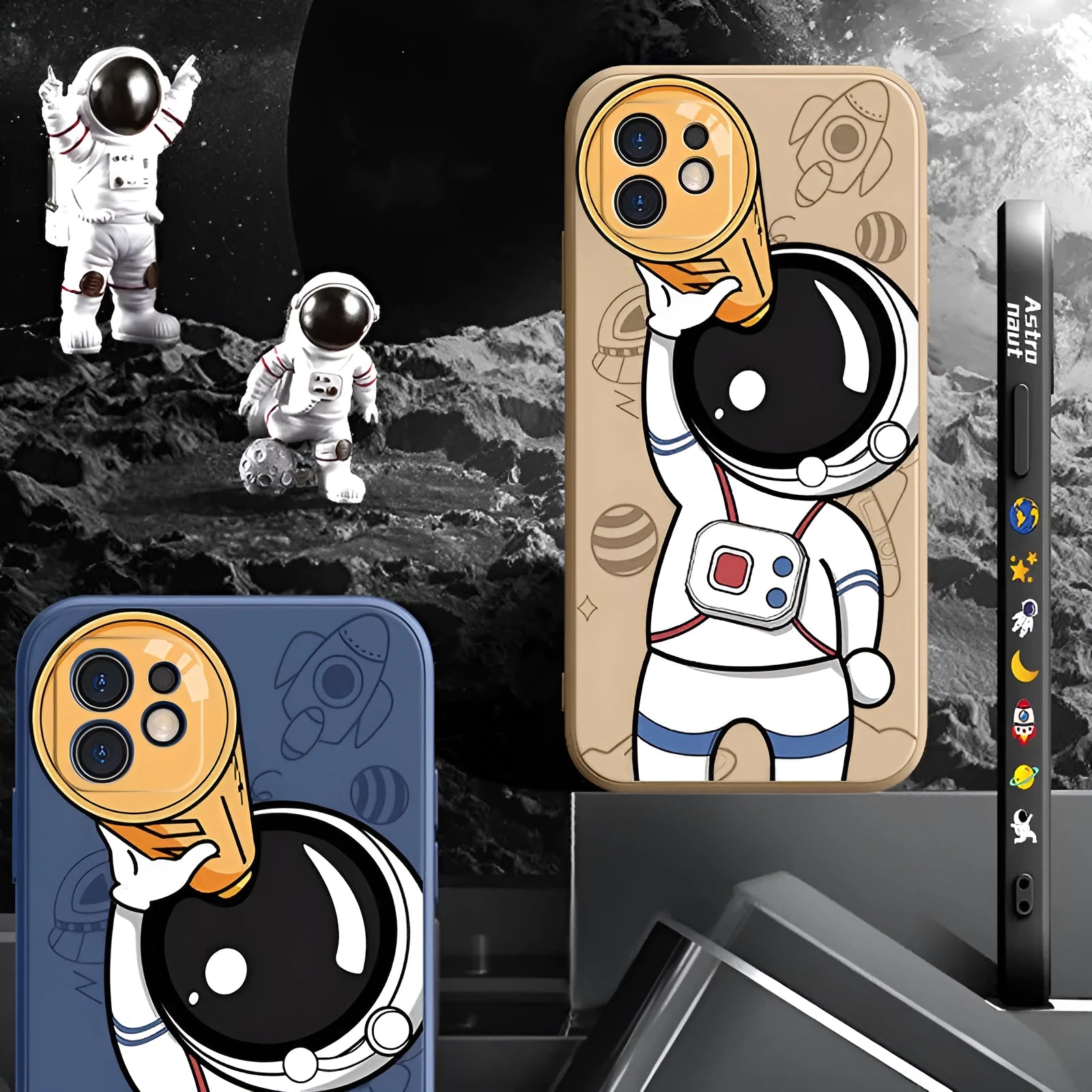 Silicone iPhone case with painted cartoon astronaut and starry sky planet design.