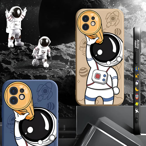 Silicone iPhone case with painted cartoon astronaut and starry sky planet design.