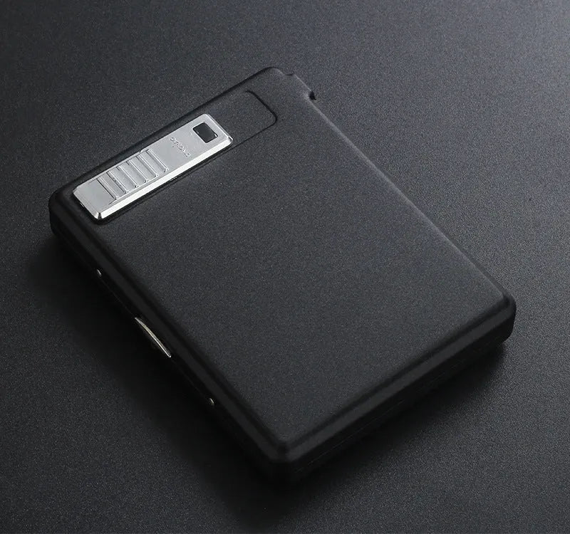 Classic flip charging metal cigarette case lighter with built-in windproof lighter, available in black, gold, and gray.