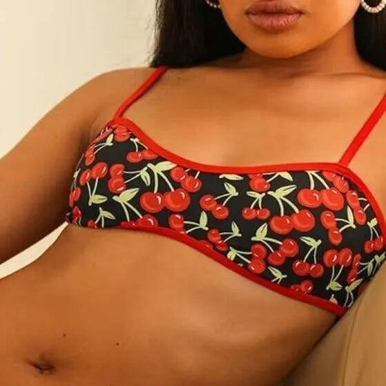Women's cherry print floral tube top bikini swimsuit in polyester fabric
