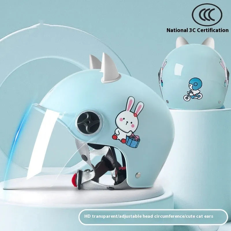 3C certified children's helmet with cat ear design, Blue Bunny colour, ABS shell