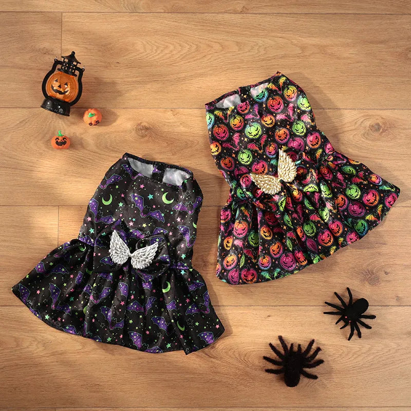 Angel wings Halloween dog costume in bright pumpkin colour showing wing design and size options