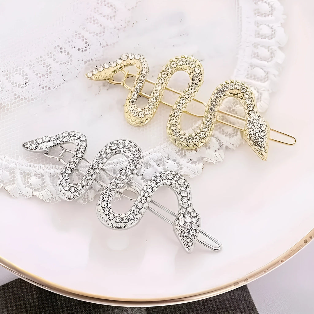 Korean vintage snake hair barrette with rhinestone detailing in gold electroplated alloy