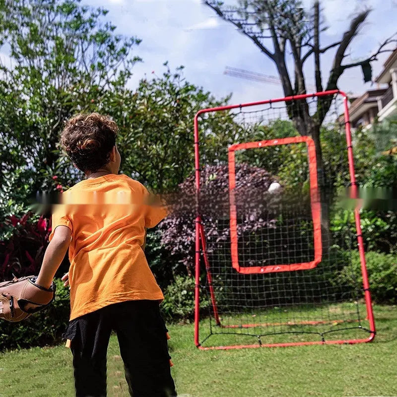 Red portable baseball training net with adjustable metal frame, shown folded for transport.