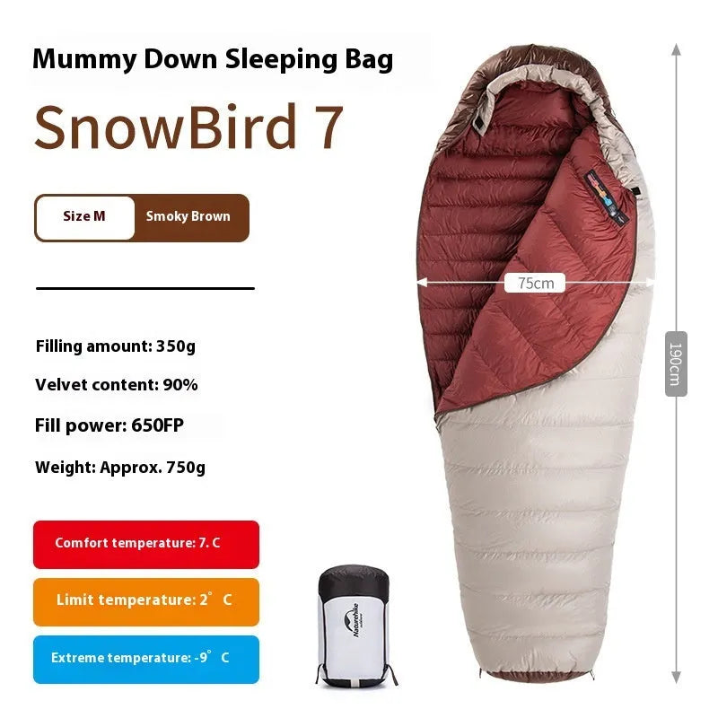 Goose down mummy sleeping bag for adults in Snowbird colour with storage bag