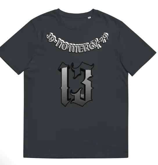Man wearing a black men's T-shirt with a 3D digital printed design on the front.