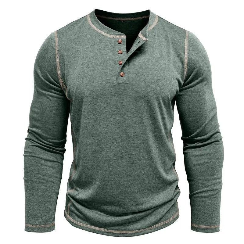 Men's cotton blend Henley shirt with four-button top, slim fit, available in blue, sizes S to 3XL