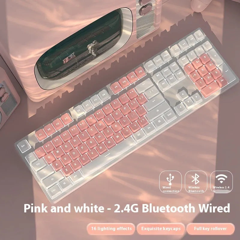 Wireless mechanical keyboard with three connection modes, shown in a choice of 87-key or 108-key layouts and various colour themes.