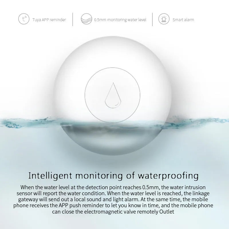 Compact white Zigbee wireless water leak sensor with FCC/CE markings on PC housing.