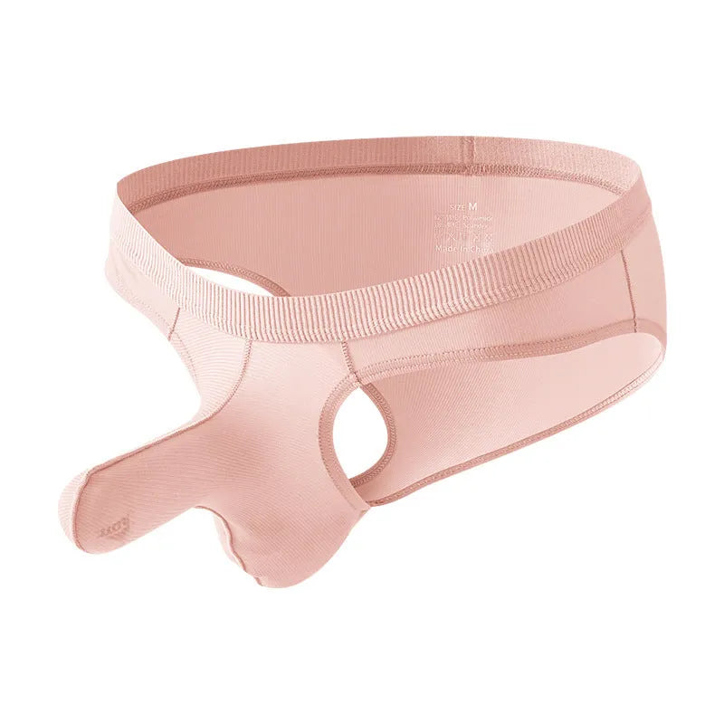 Men's low waist ice silk briefs in black, shown flat.