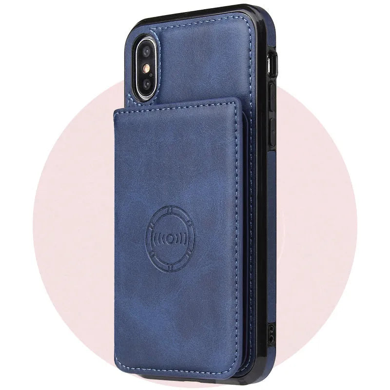 Imitation leather card wallet phone case for iPhone in solid colours showing card slots.