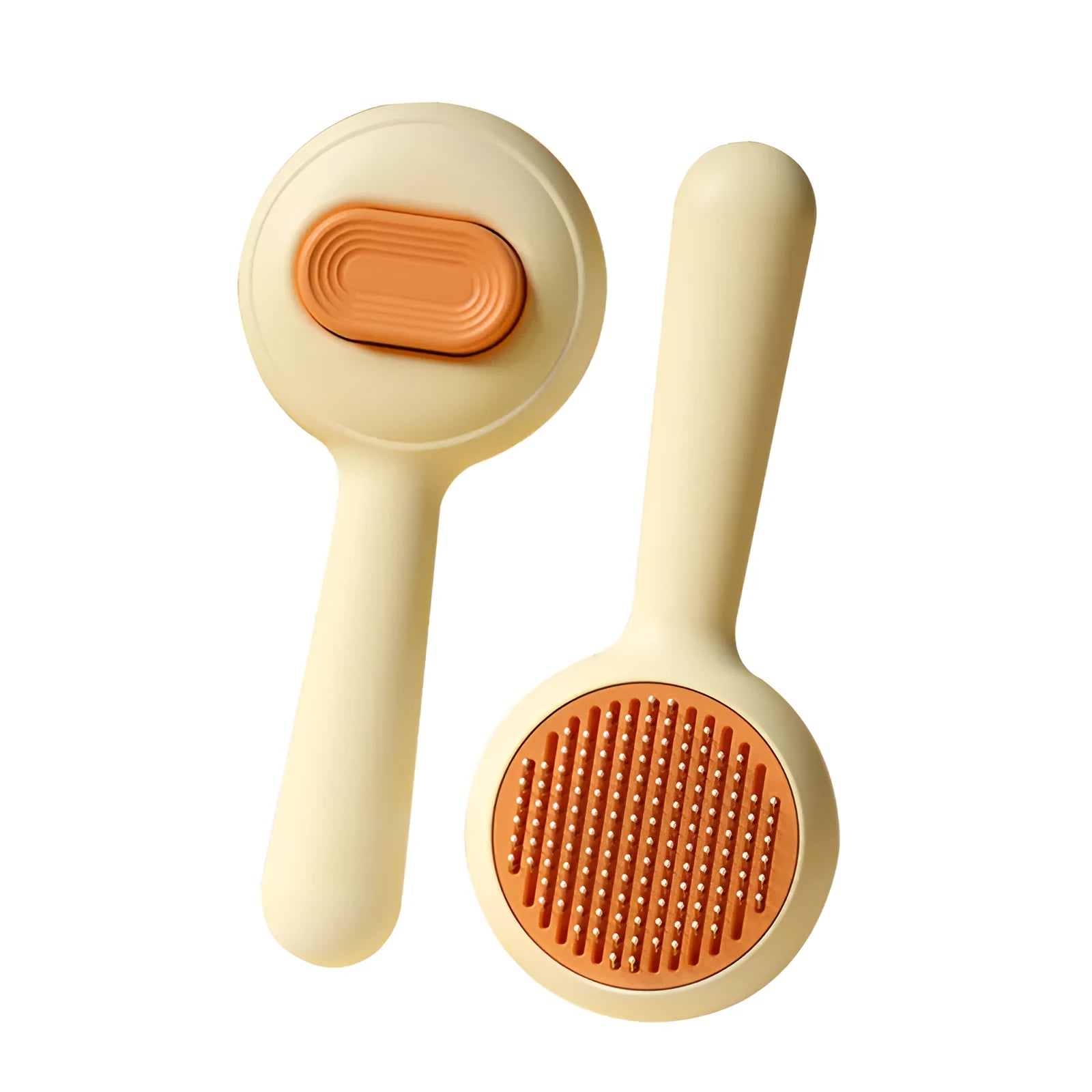 Cat grooming brush with stainless steel teeth and non-slip handle in green and yellow colours