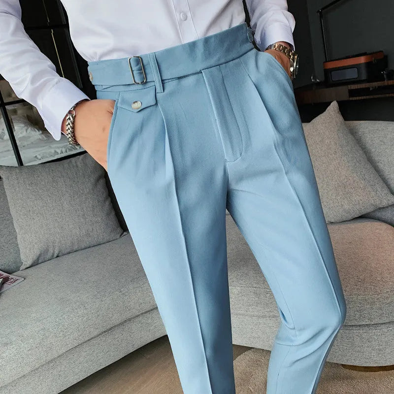 Men's straight-leg casual trousers in a solid colour, shown in a neutral grey shade on a hanger.