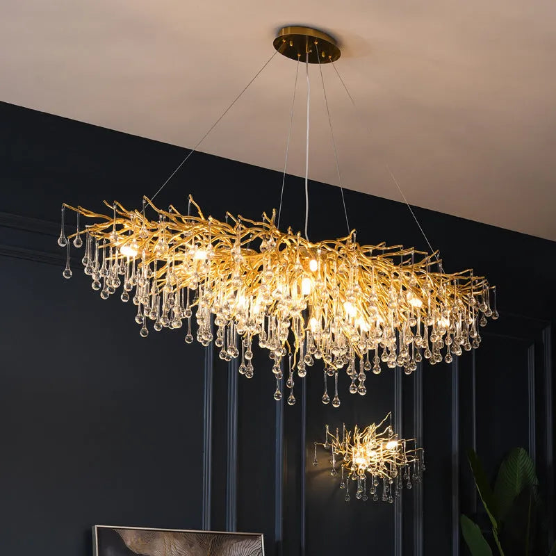 Postmodern light luxury water drop crystal chandelier with aluminium frame, adjustable height 0.5m, diameter 600mm
