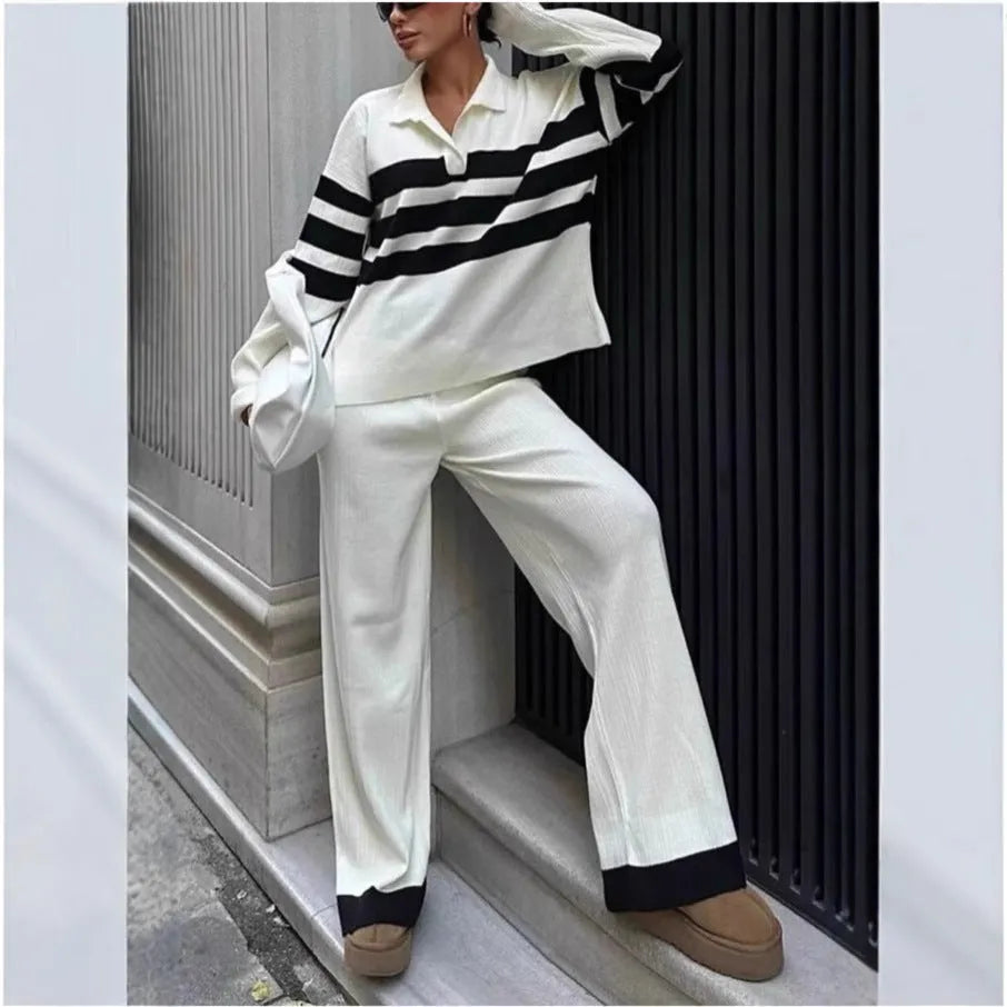 Women's black and white striped polo collar knitted shirt with contrasting trousers two-piece set
