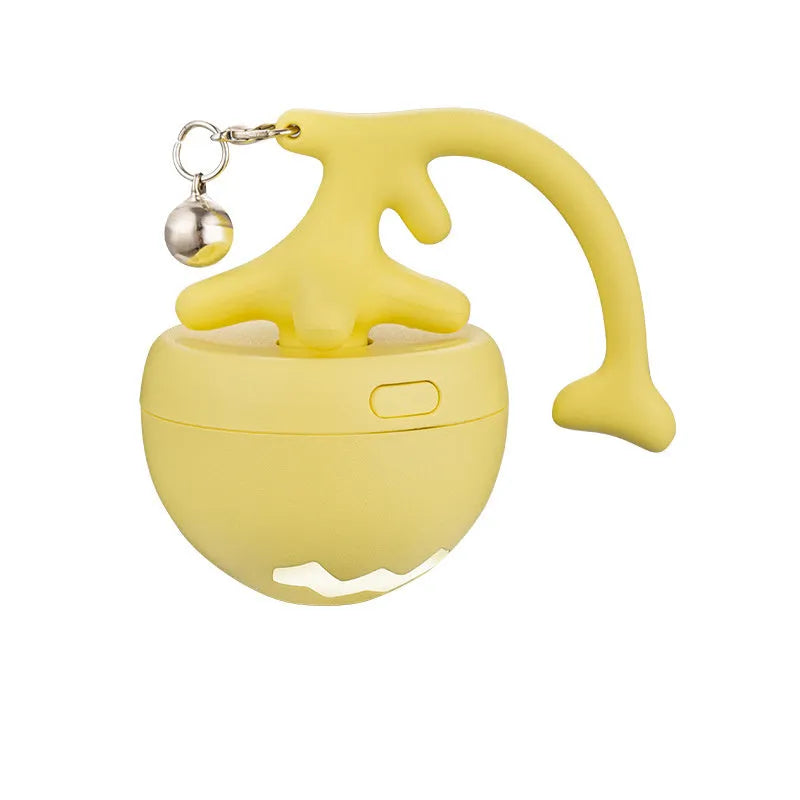 USB electric cat teasing ball with fish bone design and separate feather wand attachment in blue, pink, or yellow