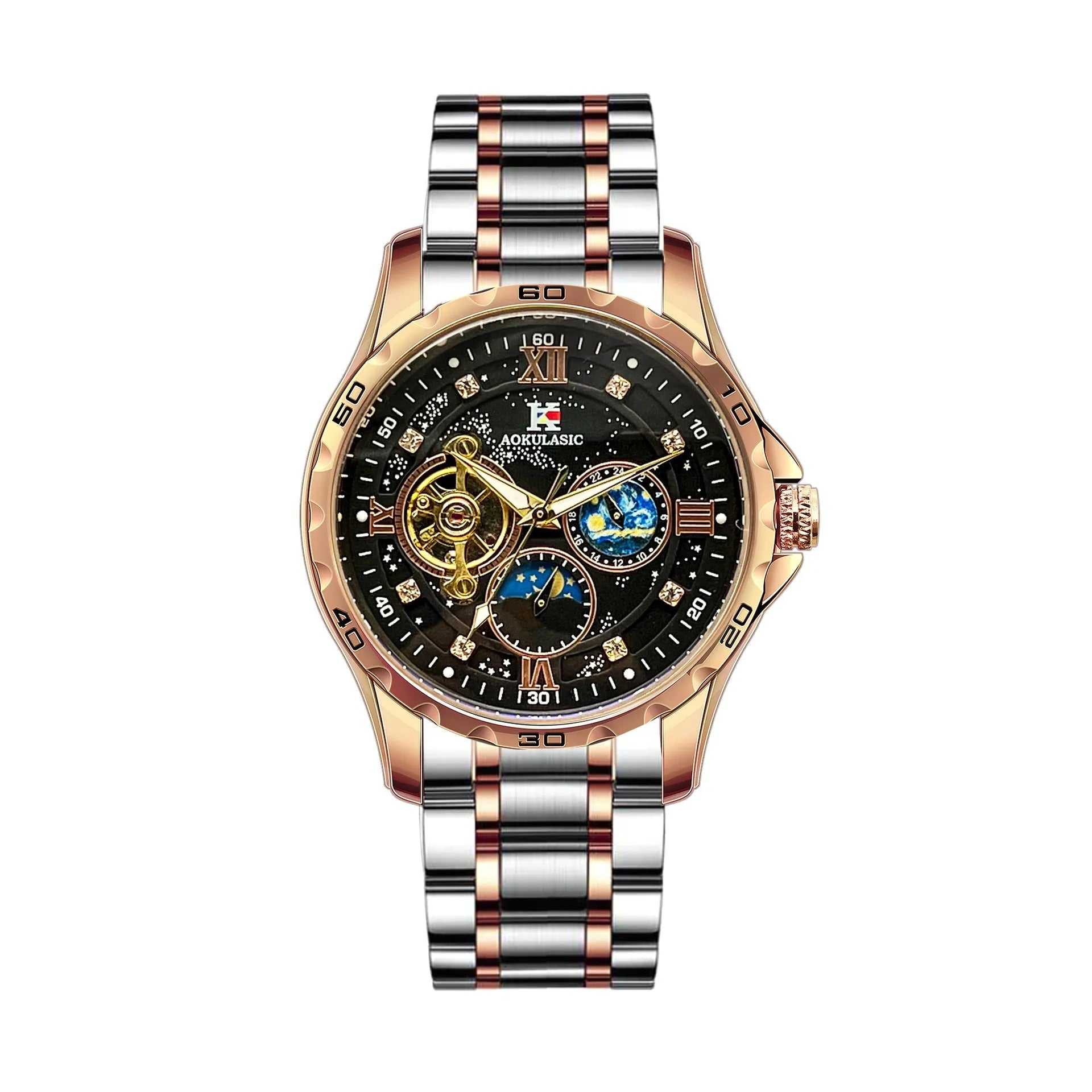Automatic mechanical men's watch with rose gold shell and black surface on large dial