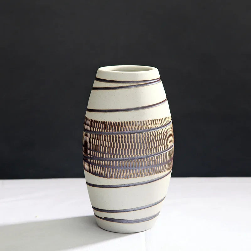 Three-piece ceramic vase set in low, medium, and tall sizes with vintage finish on a tabletop