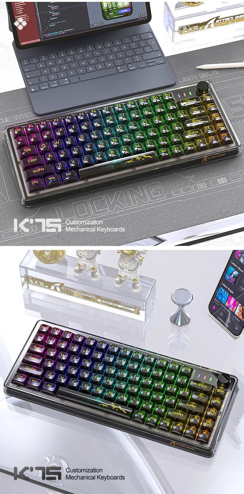 Attack Shark K75RGB wireless mechanical keyboard with transparent PC case showing RGB lighting