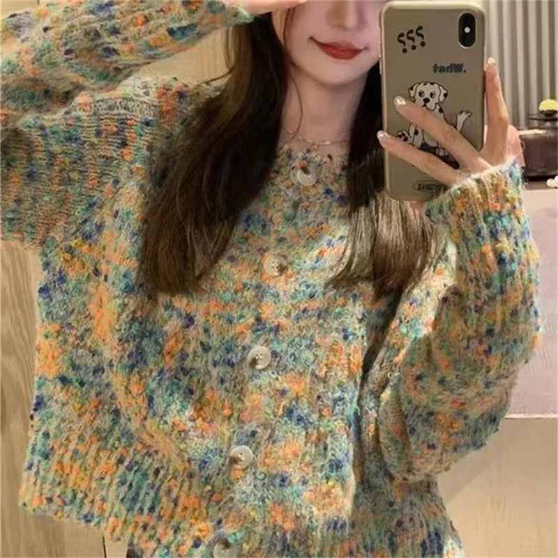Acrylic retro rainbow sweater cardigan in slim fit free size available in pink or green colours