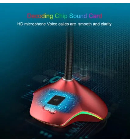 Black wired condenser microphone on a desktop stand with a pop filter sponge, 3.5mm cable connected.