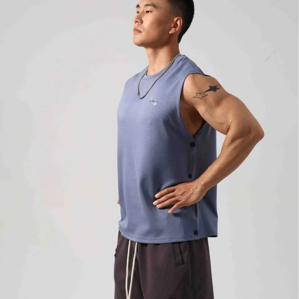 Korean style loose cotton fitness vest with hidden hook side openings in solid colour