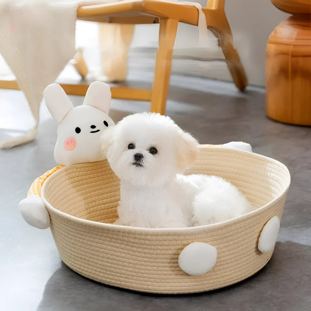 Cotton rope woven cat bed with scratching board rabbit motif for indoor cats