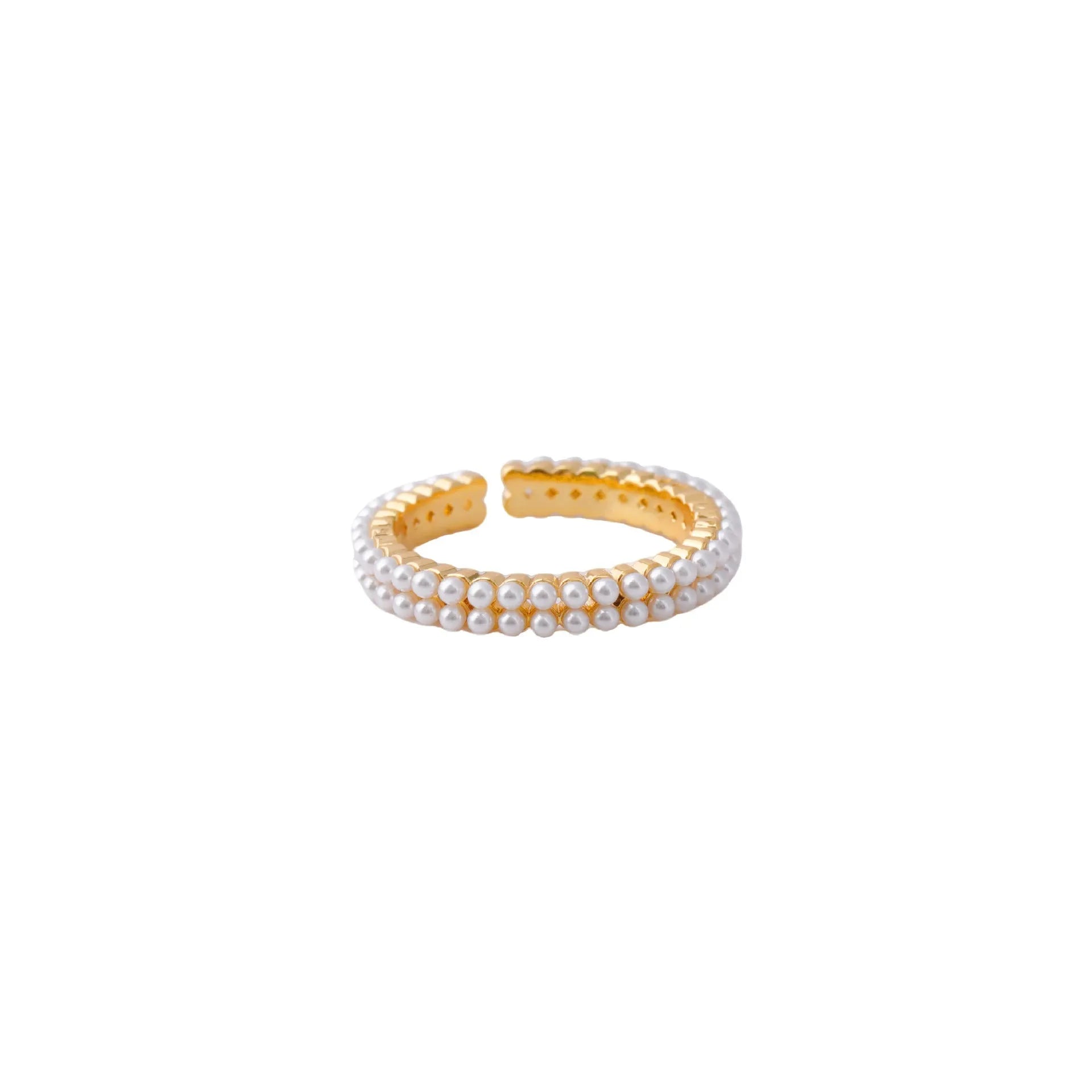 Gold geometric open mouth ring with round decorative elements on female hand