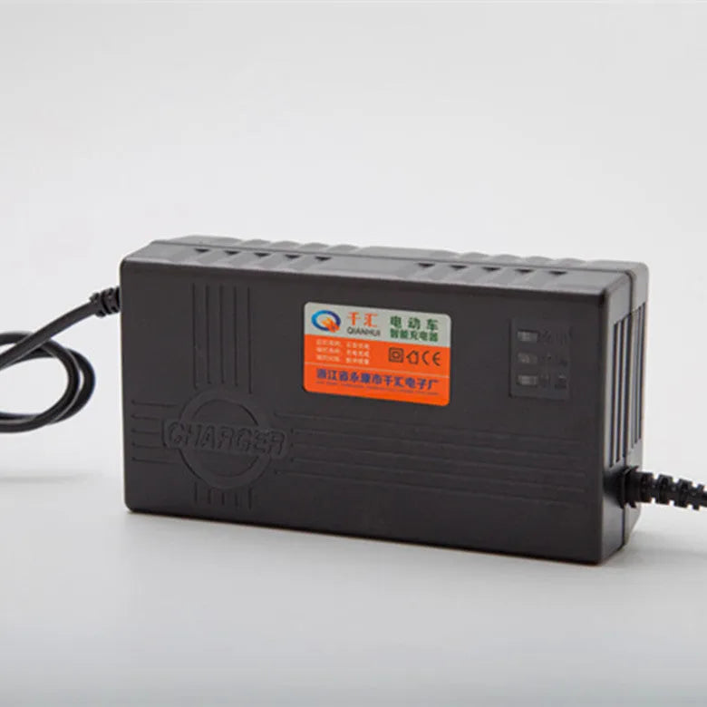 72V20AH electric car charger for lead-acid batteries with compact black housing.