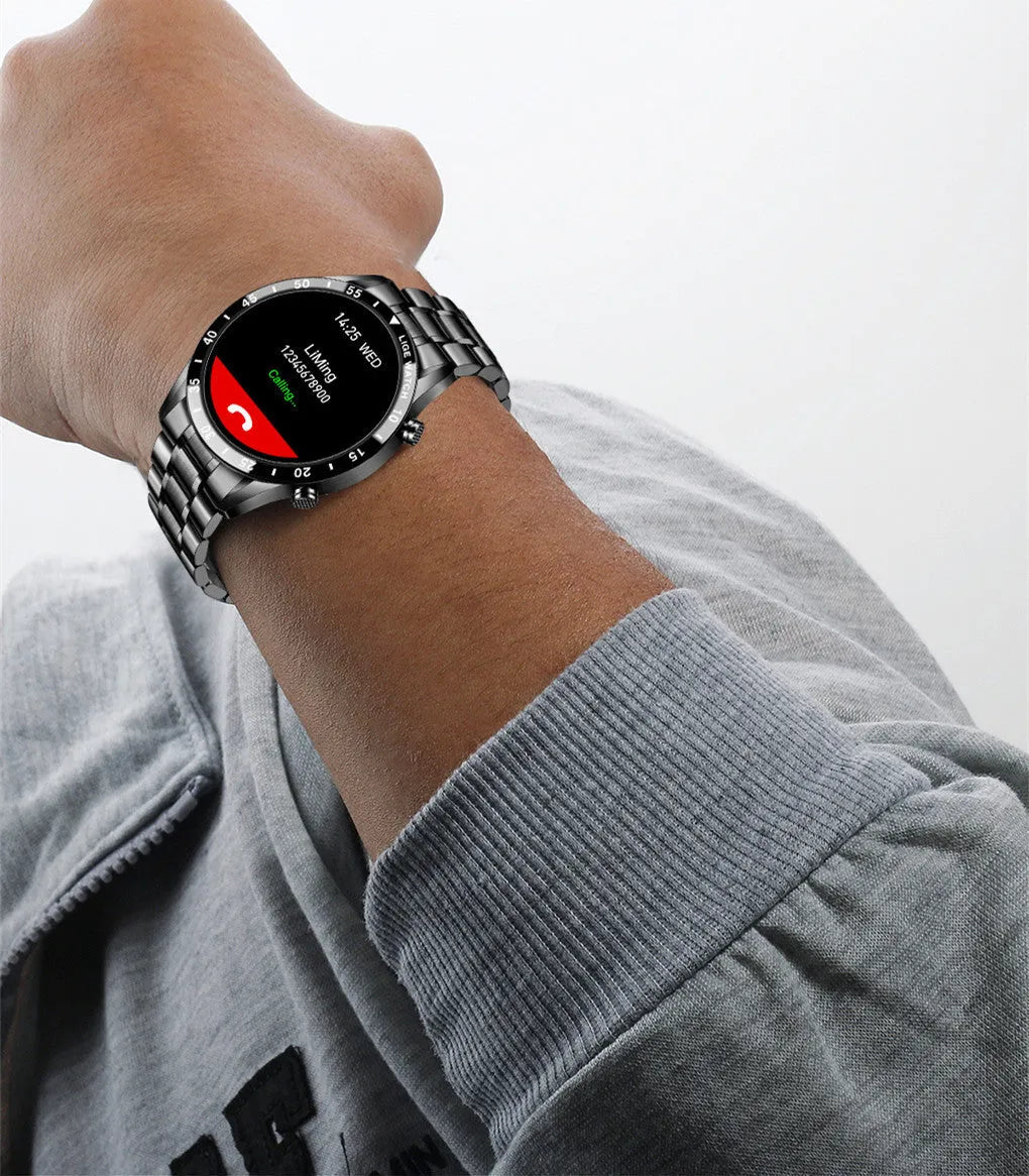 Smart watch with stainless steel wristband and 1.3 inch touch screen display showing step counter