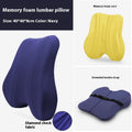 Grey lumbar support cushion for office chair, shown with pink and navy blue colour options.