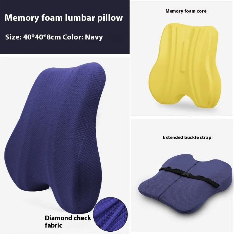 Grey lumbar support cushion for office chair, shown with pink and navy blue colour options.