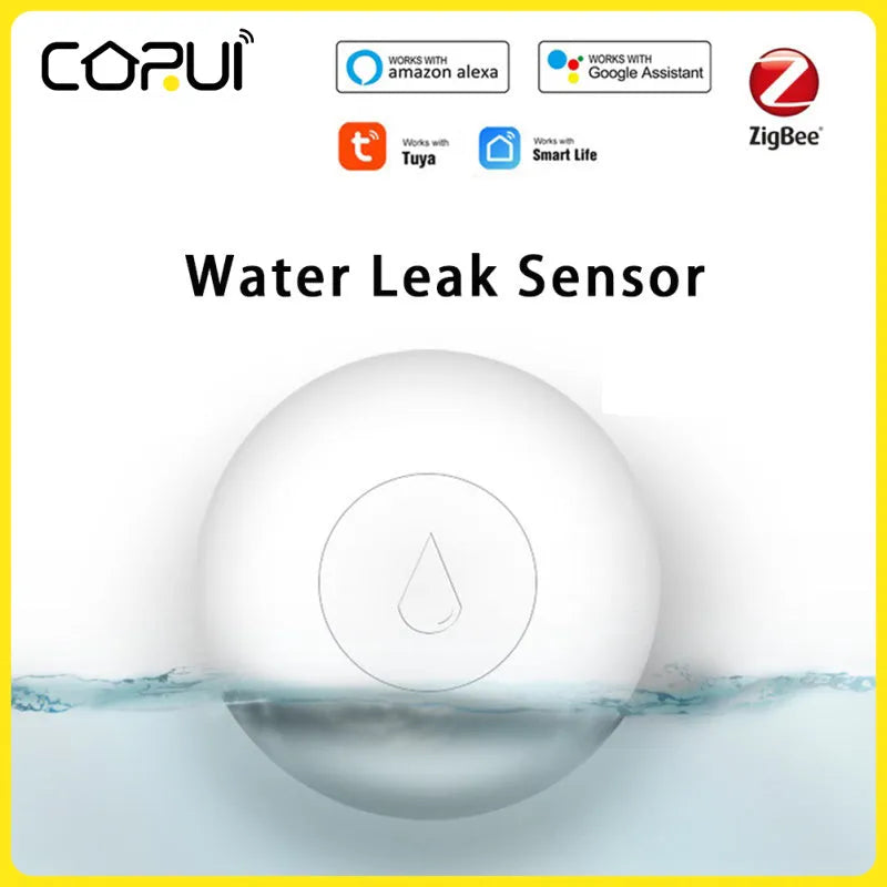 Compact white Zigbee wireless water leak sensor with FCC/CE markings on PC housing.