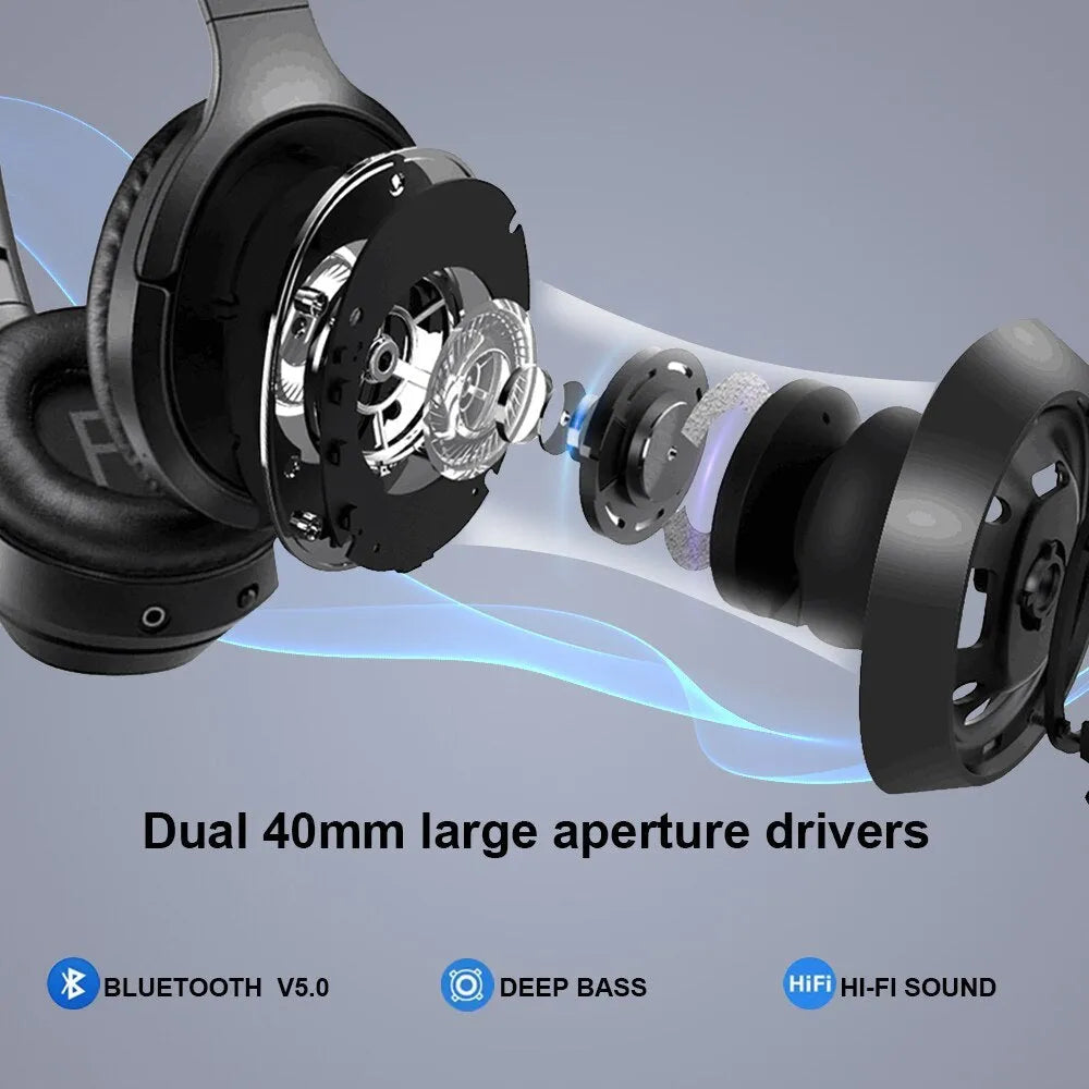 Black Gorsun E98 over-ear wireless Bluetooth headphones showing padded headband and memory-protein ear cushions