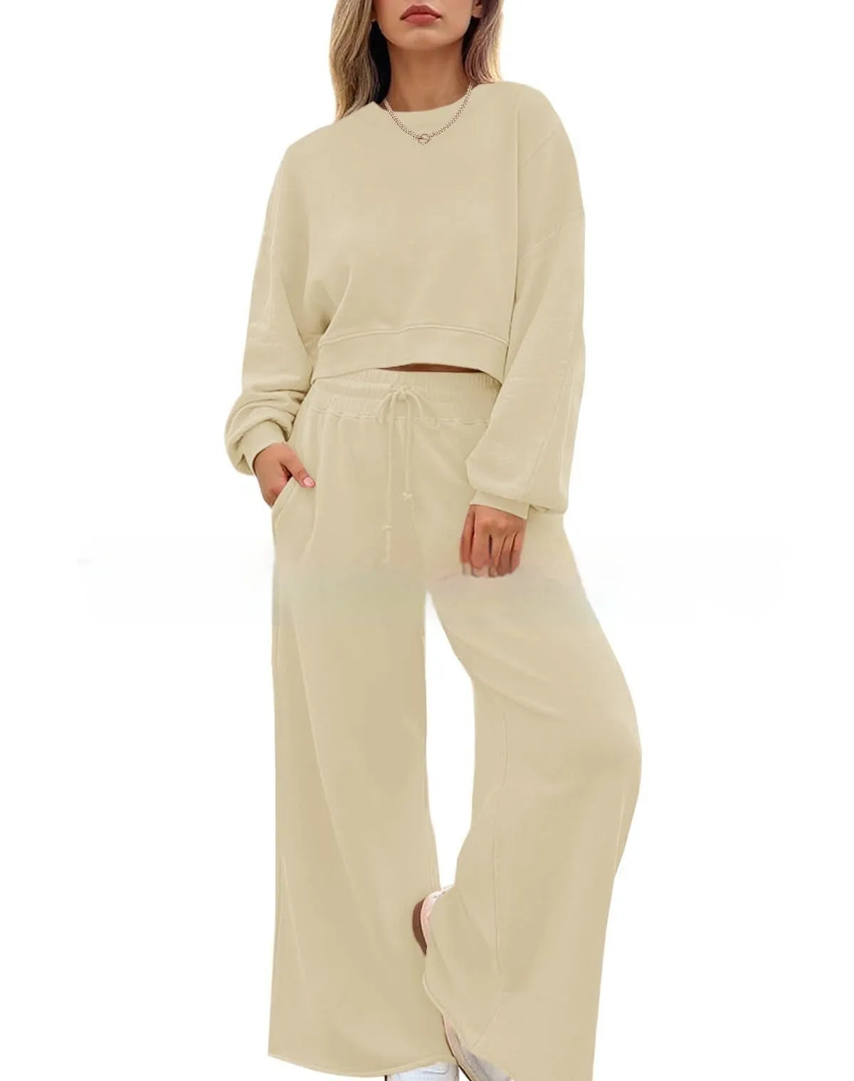 Women's solid colour polyester trousers set with long sleeves in street hipster style