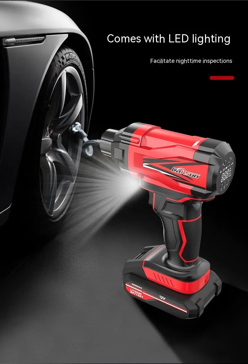 Red and black portable car wireless air pump with digital display, nozzles, and power cables.