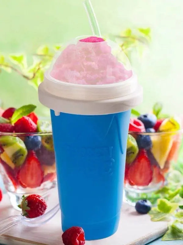 Blue quick refrigeration pinch cup with pinch activation for instant drink cooling
