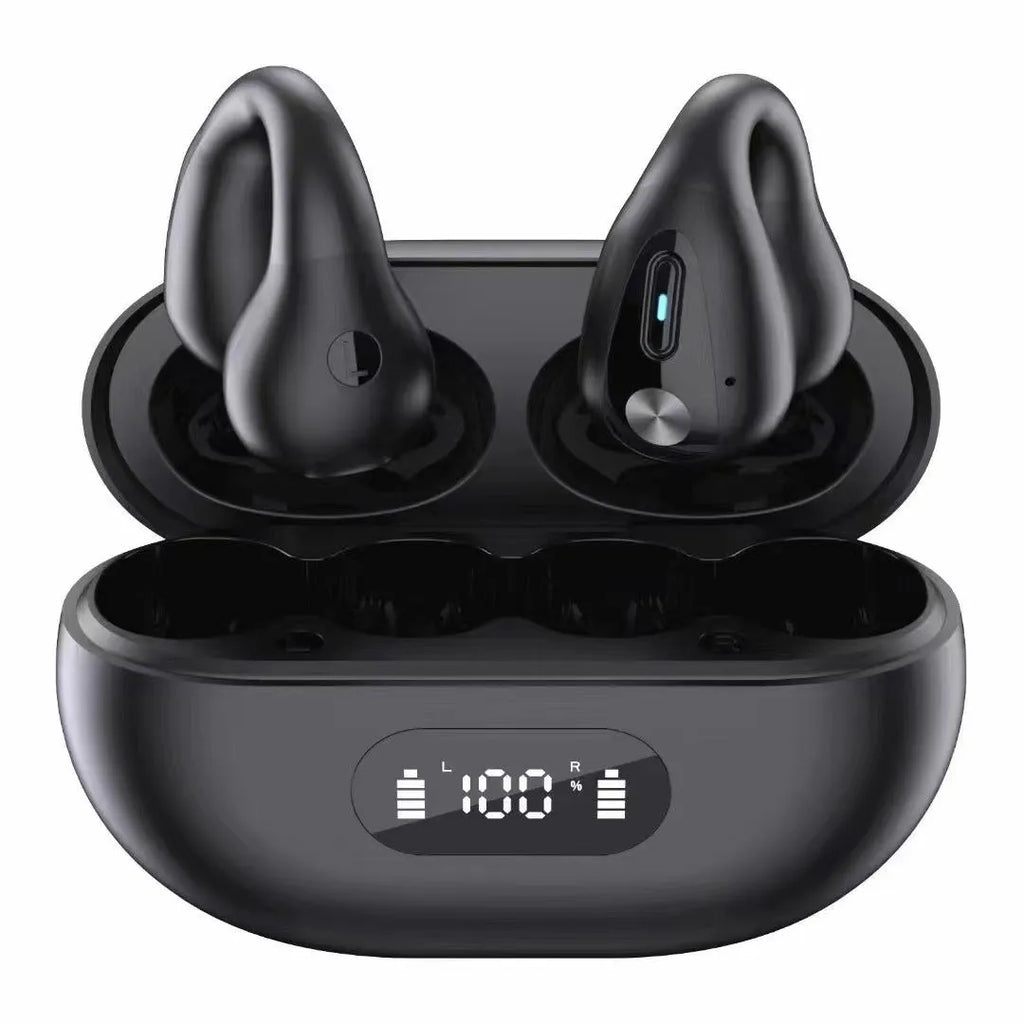 Non-in-ear clip wireless Bluetooth headset in black with plastic ear hook design