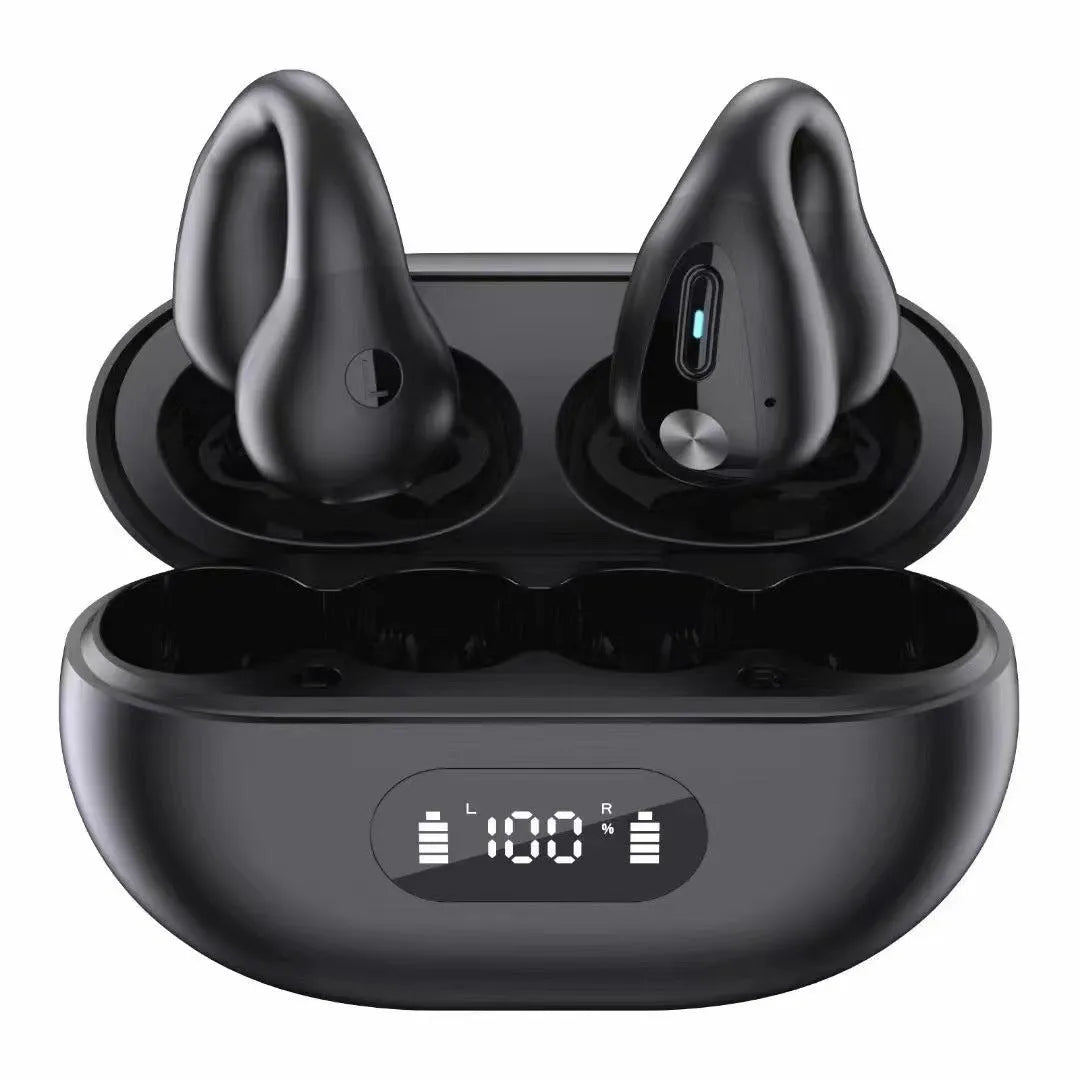 Non-in-ear clip wireless Bluetooth headset in black with plastic ear hook design