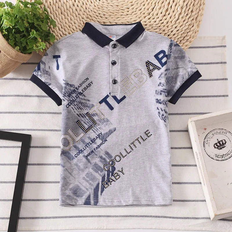 Children's short sleeve cotton polo shirt with lapel collar in solid colours