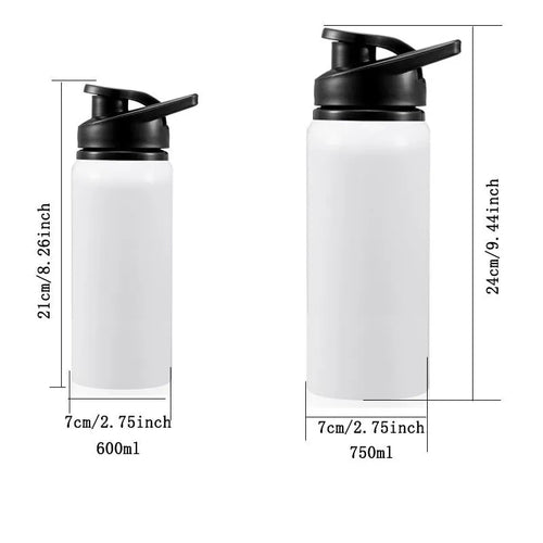 White aluminium sports water bottle for cycling and outdoor activities showing 600ml and 750ml capacity options