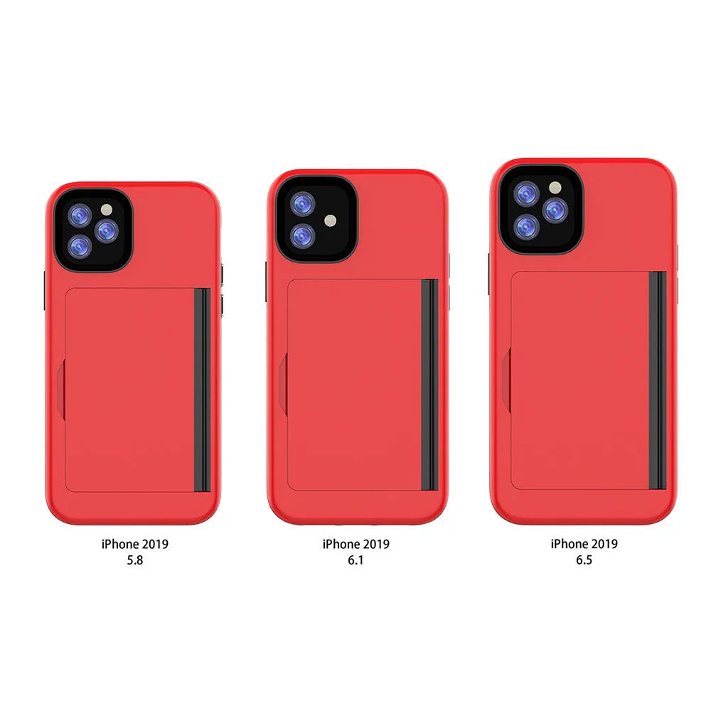 iPhone 11 protective case in TPU+PC material showing black, red, pink, dark blue, blue, and purple colour options