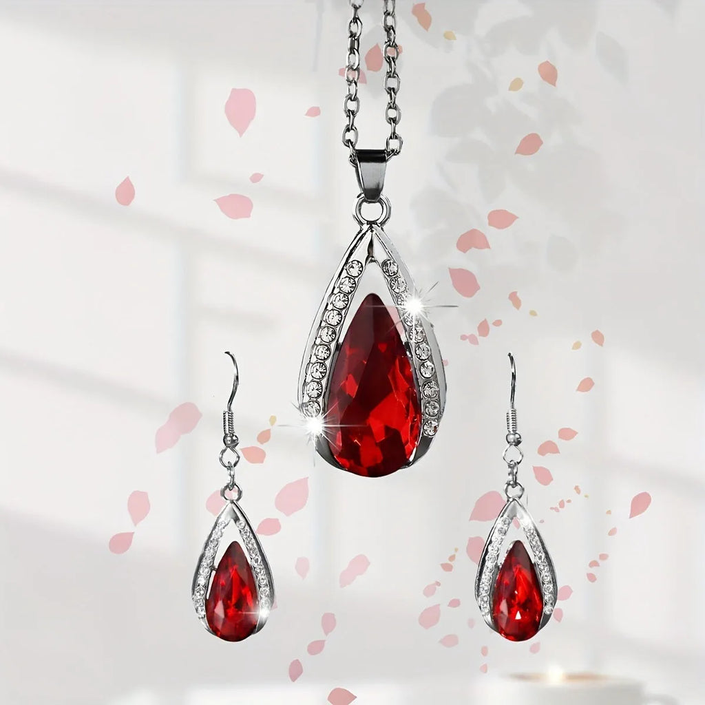 Black and red teardrop glass pendant alloy necklace and matching earrings set