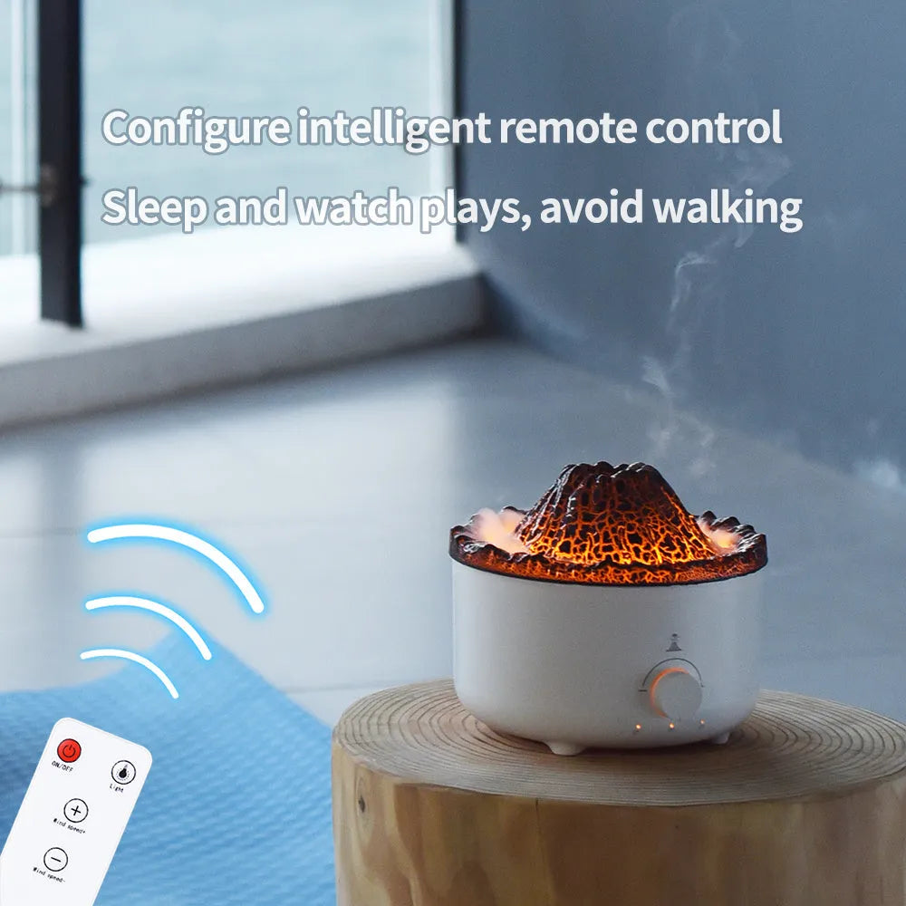 White ultrasonic simulated flame humidifier with remote control and low noise, 162x162x128mm